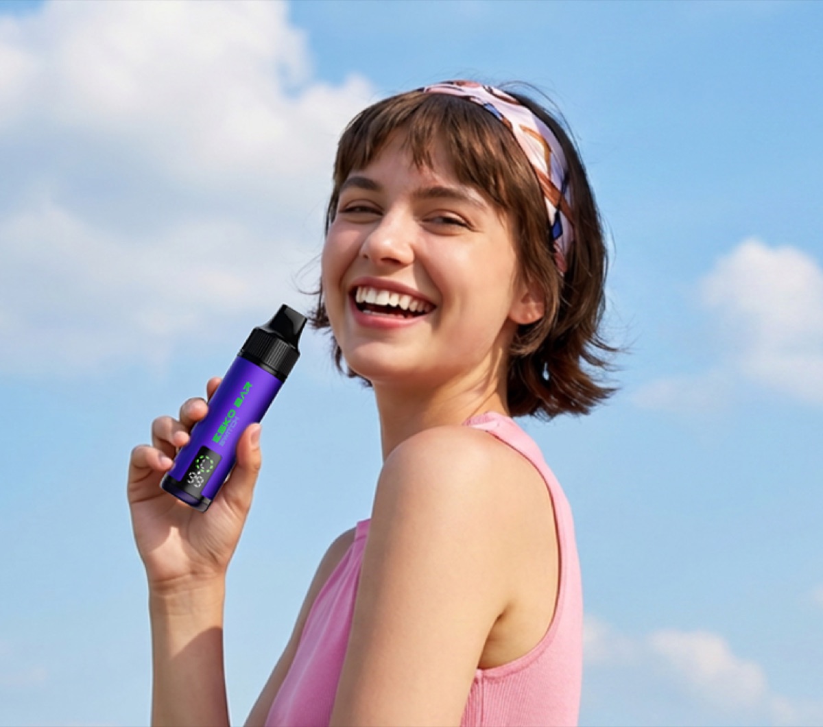 Smiling person with purple ESKO BAR outdoors