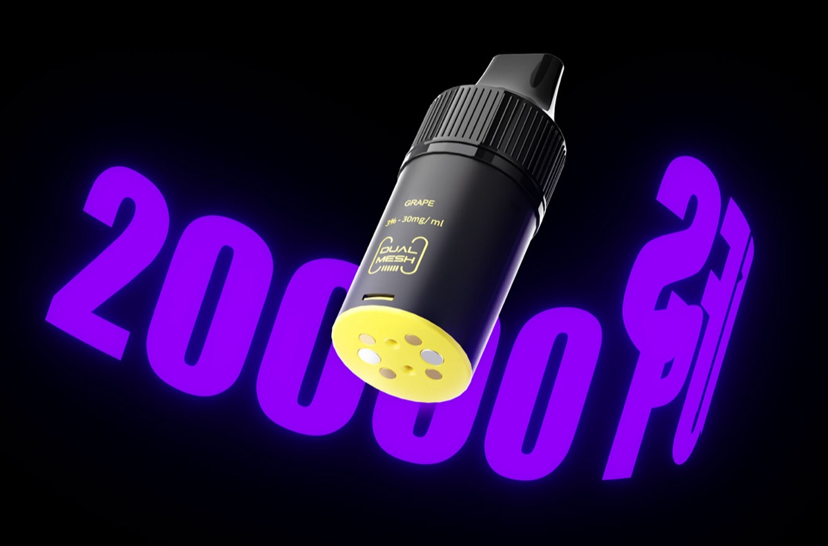 Refillable pod with glowing 20,000 puffs graphic